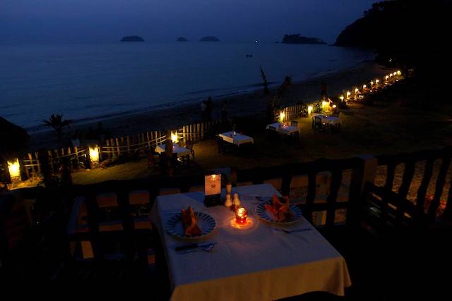 The beach front restaurant area in the evening